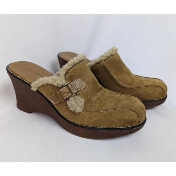Vintage Y2K 90s Lower East Side 11 Tan Suede Wedge Mule Clog Sherpa Trim Chunky - Picture 1 of 11